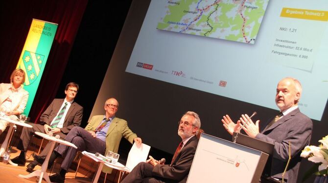 Auf dem Podiumbild sind von links Elke Weiß (Verkehrsplanerin vom Landkreis), Carsten Strähle (ENAG-Vorsitzender), Hans-Jürgen S