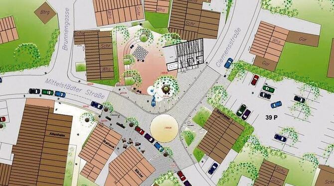 Einstimmig votierten die Oferdinger Räte für diesen Lageplanentwurf zur Umgestaltung der Dorfplatz-Kreuzung (mit gelblichem Krei Einstimmig votierten die Oferdinger Räte für diesen Lageplanentwurf zur Umgestaltung der Dorfplatz-Kreuzung (mit gelblichem Krei