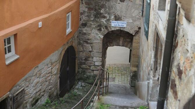 Hier sind die Reste der Stadtmauer noch deutlich zu erkennen: der Weg hinab zur Badestube, einige Zeit auch mittelalterlicher Ro