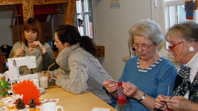 Nette Runde mit Hang zu Handarbeiten, die Tasse Kaffee gehört auch dazu. Stehend: Christina Baumgärtel.  FOTO: LEIPPERT