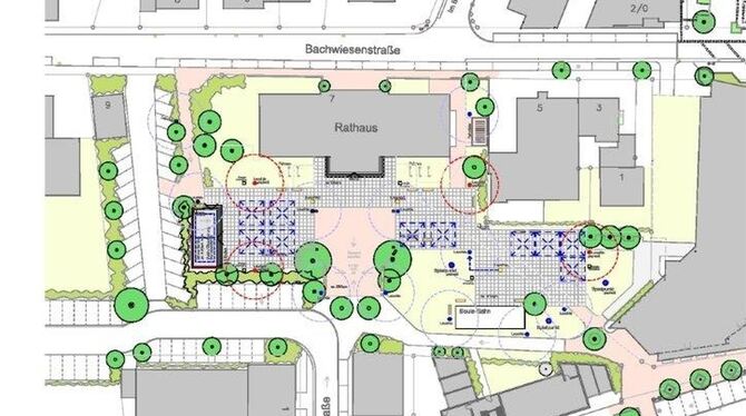 Anregungen erwünscht: ob links neben den Rathaus-Parkplätzen eine kleine Veranstaltungsbühne (blau), oder im Bereich des Boulepl