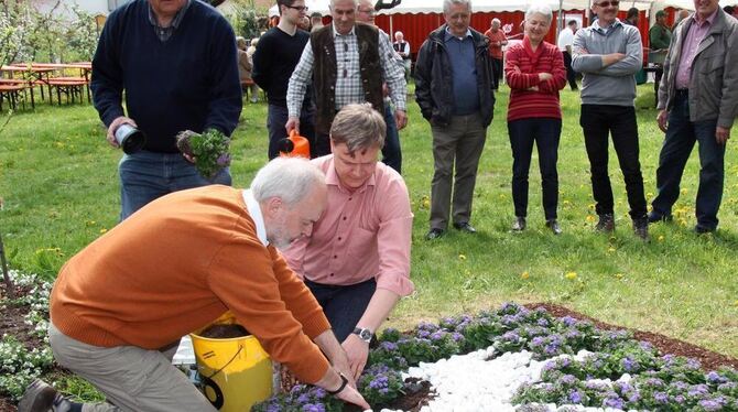 Landrat Thomas Reumann und Bürgermeister Peter Nußbaum (kniend von links) bepflanzen das neue Wappen. OGV-Vorsitzender Alfons Re