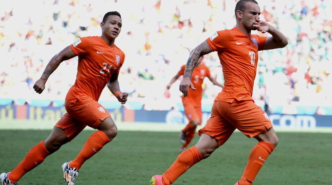 Wesley Sneijder (rechts) feiert seinen Ausgleich gegen Mexiko. FOTO: DPA