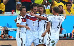 Jogis Jungs feiern den Treffer von Mats Hummels zum 1:0 gegen Frankreich. FOTO: DPA