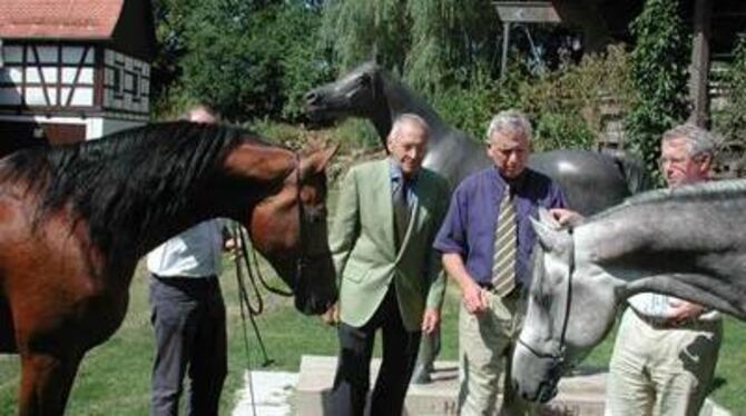 Leben und Legende: Hadban Enzahi (als Statue), der siebenjährige braune Nurabid und der vierjährige Nahdmi sind asile Araberpfer