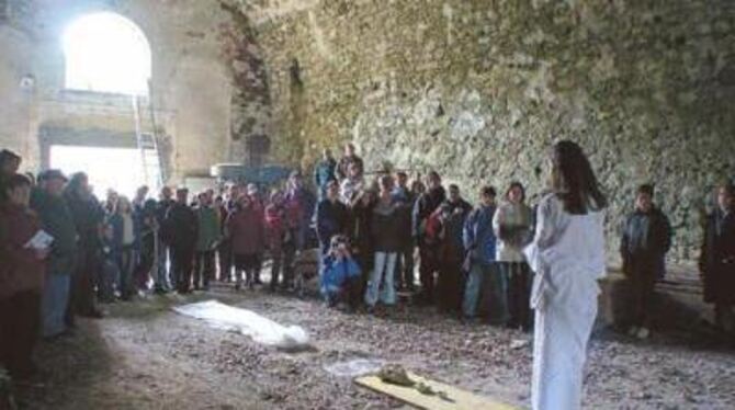 Das Gewölbe unter dem Grafenecker Schloss deutet Svenja Noa Fischer in ihrer Performance in ein »Zwischenreich« um. FOTO: FINK