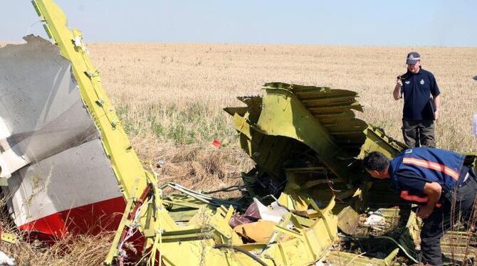 Australische und niederländische Experten untersuchen das Wrack der abgestürzten Passagiermaschine MH17. Foto: Igor Kovalenko