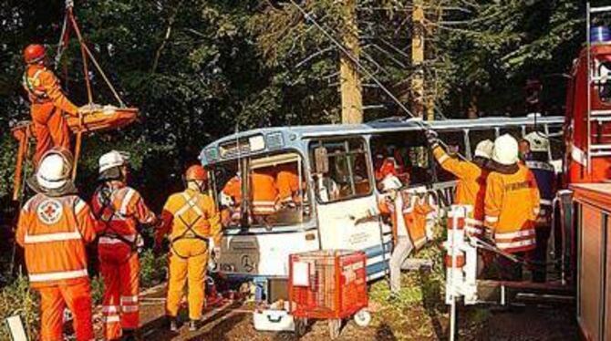 Feuerwehrleute bergen den Fahrer eines Pkw, der neben dem Bus den Abhang hinab gestürzt war. FOTO: NIETHAMMER