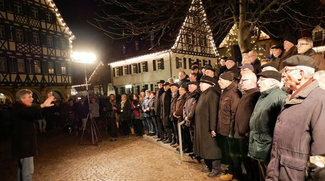 Mit Tochter Zion" eröffneten die Bläser auf dem Turm der Martinskirche das weihnachtliche Singen auf dem Marktplatz.  FOTOS: LEI