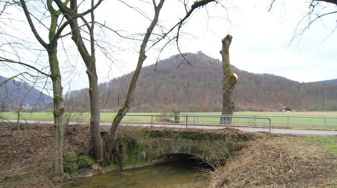 Die Brücke im  Hinteren Maisental – im Hintergrund der Hohenurach – über den Brühlbach geht auf die Stadt Bad Urach über.  Bis