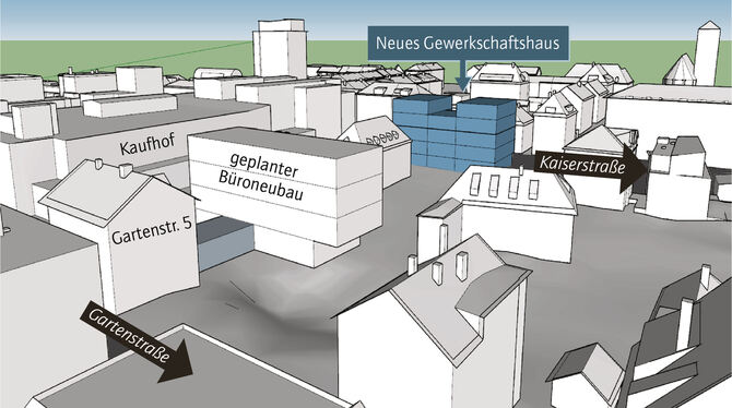 Vorhaben in der Oststadt: Das Gewerkschaftshaus in der Kaiserstraße, der Büroneubau hinterm Kaufhof. GRAFIK: STADT/GESTALTUNG: