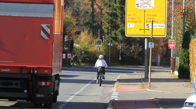 Fahrradschutzstreifen machen nach Ansicht des Zukunftsteams das Radfahren in Metzingen sicherer und Halteringe an den Ampeln beq