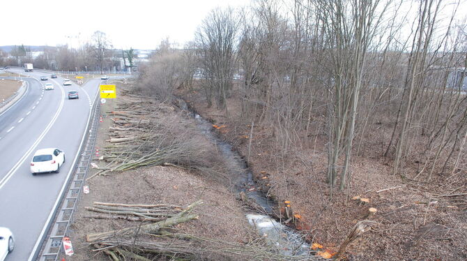 Der Stettertbach an der B 312-Abfahrt Metzingen-Nord/Rommelsbach liegt jetzt abschnittsweise frei.  FOTO: PFISTERER