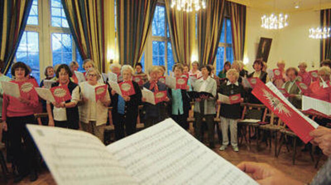 Probe unter Kronleuchtern: Der gemischte Chor des Liederkranzes übt für das Listhallen-Konzert am 24. April. FOTO: NIETHAMMER