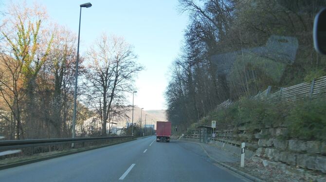 Die B 465 zwischen der Georgiisiedlung und Bad Urach. In diesem Bereich müssen im Steilhang rechts von der Straße großflächig Bä