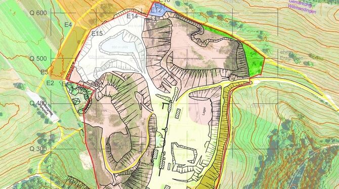 Der Willmandinger Steinbruch, schematisch dargestellt: Dunkelgrün gekennzeichnet sind Rekultivierungsareale, braun sind Flächen,