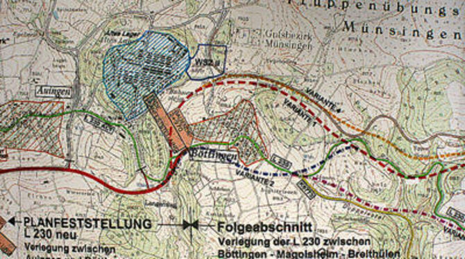 Ein Teil der Planung für die neue L 230: Die bestehende Landesstraße ist grün eingezeichnet. Der rote Strich steht für die Auing