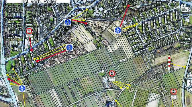 Die Stellen, wo zusätzlich Poller installiert werden, sind auf dieser Grafik rot markiert. Sie sollen Autos an der Durchfahrt hi