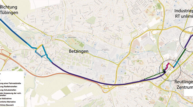 1,1 Millionen Euro pro Kilometer Radschnellweg: der Verlauf der Vorzugsvariante auf Reutlinger Markung.