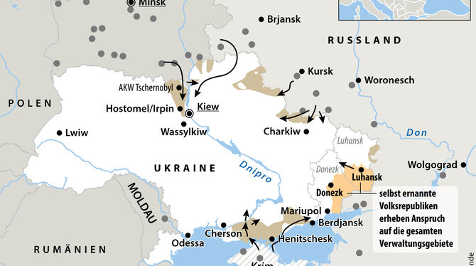 Angriff auf die Ukraine: Von russischen Truppen besetzte Gebiete und eine Auswahl wichtiger Kriegsschauplätze.