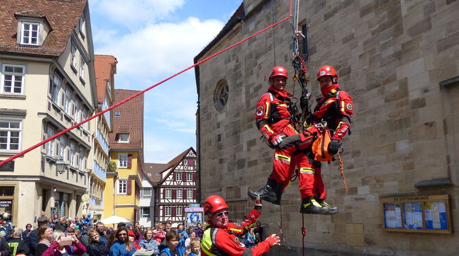 Geschafft: Die Höhenrettungsgruppe der Reutlinger Feuerwehr seilte sich beim Tag der Feuerwehr gekonnt vom Tübinger Stiftskirche