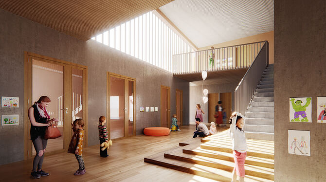 So soll der Eingangsbereich des Kindergarten St. Raphael nach dem Plänen von Architekt Knies einmal aussehen.  GRAFIK:  E+ K ARC