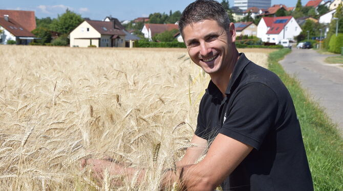 In zwei Wochen kann geerntet werden: Michael Renz in seinem Hartweizenfeld. FOTOS: WALDERICH