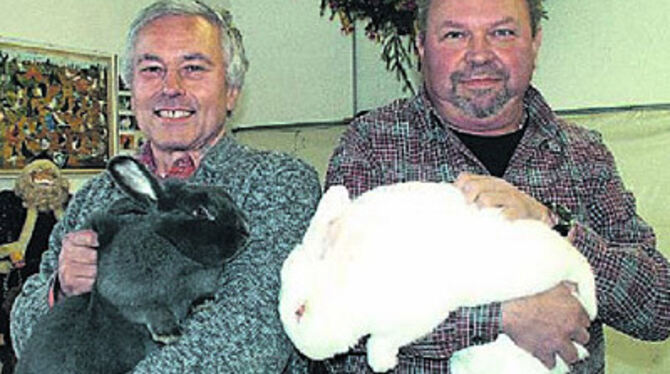 Günther Buck (rechts) mit einem weißen Neuseeländer und Werner Rebmann mit einem blauen Wiener, der Vorsitzende und der Vize des Siegervereins Hülben.
FOTO: LPT