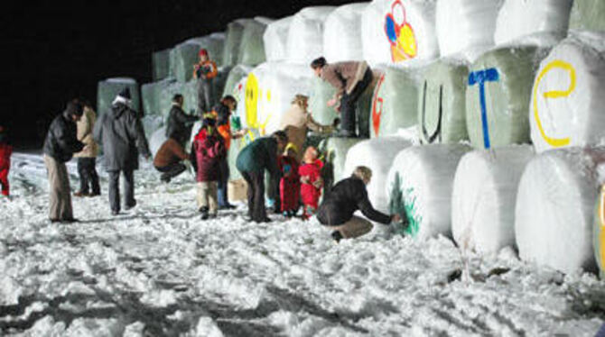 Bunt ist schöner: Die weißen Silage-Ballen in Hohenstein werden zu Kunstobjekten für einen guten Zweck.
FOTO: PR