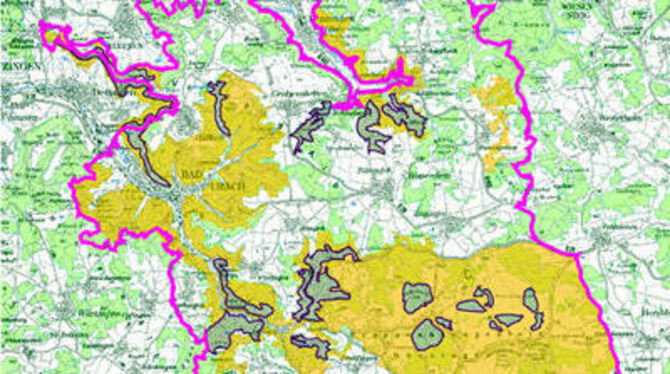Drei Landkreise, rund 45 000 Hektar: Das ist der Entwurf für das geplante Biosphärengebiet Alb. Die auf der Karte schon eingedruckte Beteiligung der Gemeinde Dettingen ist noch offen. Aber auch darüber hinaus gibt es Erweiterungsmöglichkeiten. Vierzig Prozent der Fläche sind Kern- oder Pflegezonen. Überall sonst ist Entwicklung wie bisher ohne zusätzliche Einschränkungen möglich.
GRAFIK: RP