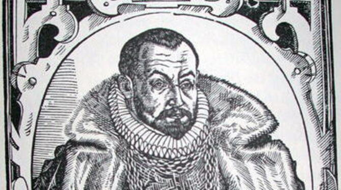 Matthäus Enzlin im Alter von 41 Jahren auf einer zeitgenössischen Darstellung von 1596 als stolzer Tübinger Professor und »intimer« fürstlicher Rat.
GEA-FOTO: SCHÜRER