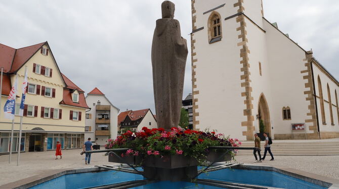 Der Marktplatzbrunnen hat technische Probleme. Bis Mitte Juli soll er aber wieder sprudeln.  FOTO: REISNER