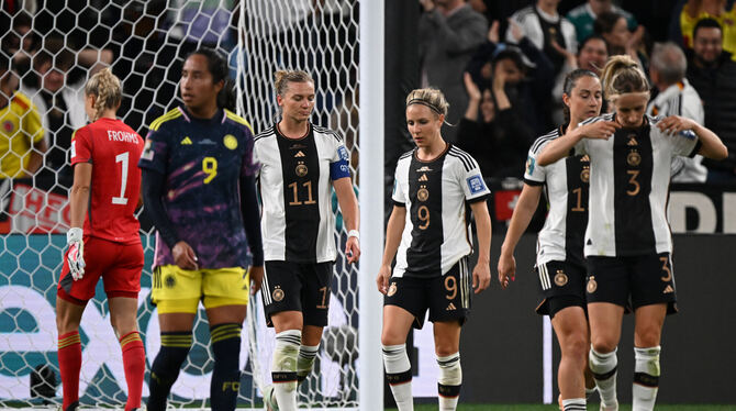 Erstarrte Mienen: Die deutschen Frauen nach dem entscheidenden Treffer Kolumbiens in der Nachspielzeit. Von links: Alexandra Pop