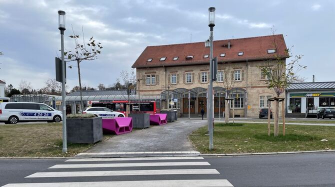 Ein neuer Zebrastreifen führt von der Kreissparkasse zum Metzinger Bahnhof.  Doch der Vorplatz ist großteils Brache oder in die