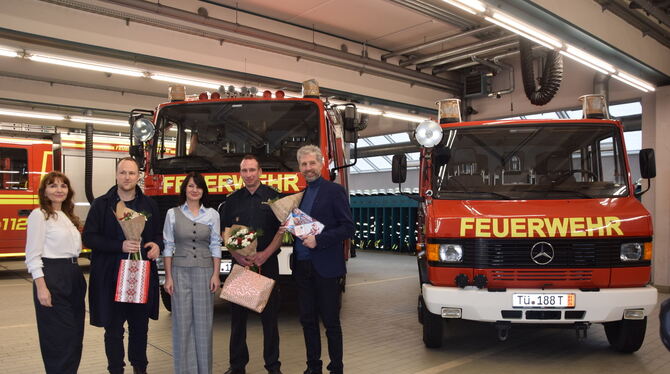 Dolmetscherin Ludmilla Kienecker (links), Stephan Klingebiel, Marja Kurynjak, Stefan Kratzel und Boris Palmer.