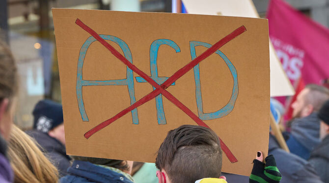 Ein durchgestrichenes AfD-Logo auf einem Schild bei einer Demo gegen Rechts am 20. Januar in  Koblenz (Rheinland-Pfalz).  Mit ei