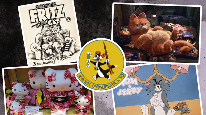 Fritz the Cat, Garfield, Tom und Hello Kitty (im Uhrzeigersinn von links oben). Kater Sylvester auf dem Abzeichen einer Einheit