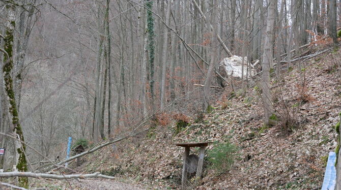 Der Felsbrocken schien nur an einem Bäumchen über dem Rulamanweg zu hängen.