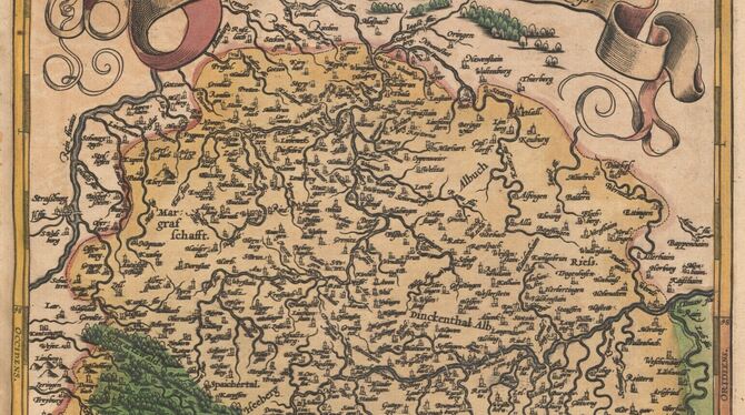Karte aus dem Mittelalter: »Circulus sive Liga Sueviae, Vulgo Schwäbische[r] Kraiß. Antwerpen1572«.   FOTO: HAUPTSTAATSARCHIV ST