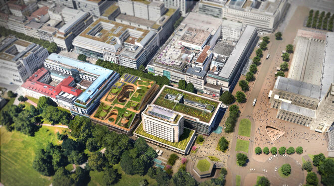 Gesamtübersicht über das Projekt Schlossgartenquartier im Herzen von Stuttgart.  VISUALISIERUNG: OLIV GMBH