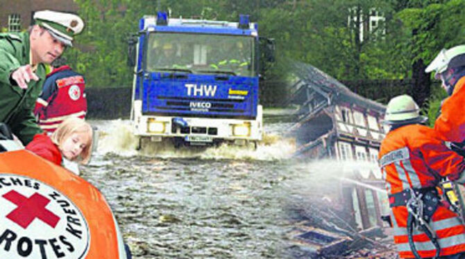 Sie helfen bei Naturkatastrophen wie Hochwasser ebenso wie in den vielen kleinen und großen Notlagen des täglichen Lebens: die Rettungsorganisationen.
FOTOS: DPA/COLLAGE: KLOKER