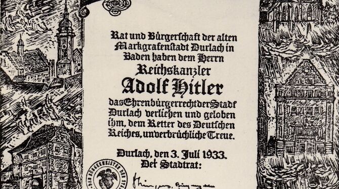 Die Ehrenurkunde Hitlers trägt die Inventarnummer  U I 59 im Pfinzgaumuseum.  FOTO: PFINZGAUMUSEUM