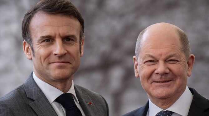 In Sachen Schutzzölle für chinesische E-Autos sind sich Frankreichs Präsident Emmanuel Macron und Bundeskanzler Olaf Scholz (rec