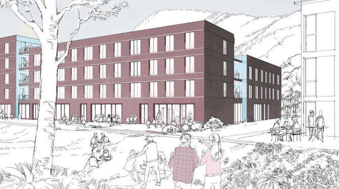 So könnte der Gebäudekomplex in der Großen Heerstraße aussehen. 40 Wohnungen und ein Kindergarten sollen dort bis 2027 entstehen