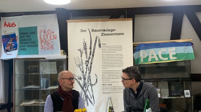 Friedrich Schirmer und Marcus Michalski bei ihrem Auftritt in der Zimmermann-Gedenkstätte.  FOTO: RANDECKER