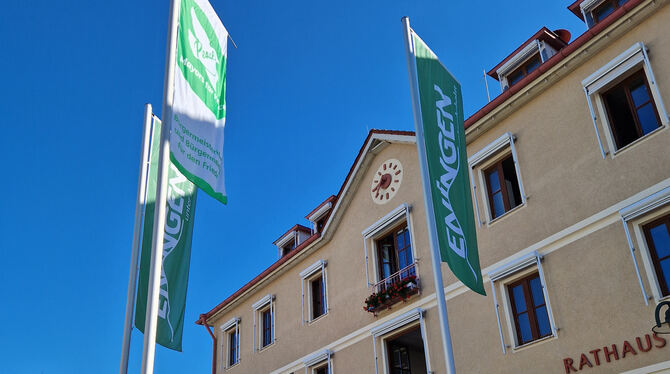 Vor dem Eninger Rathaus weht die Flagge der »Mayors for Peace«, Bürgermeister Eric Sindek zeigt die Beitrittssurkunde zum Friede