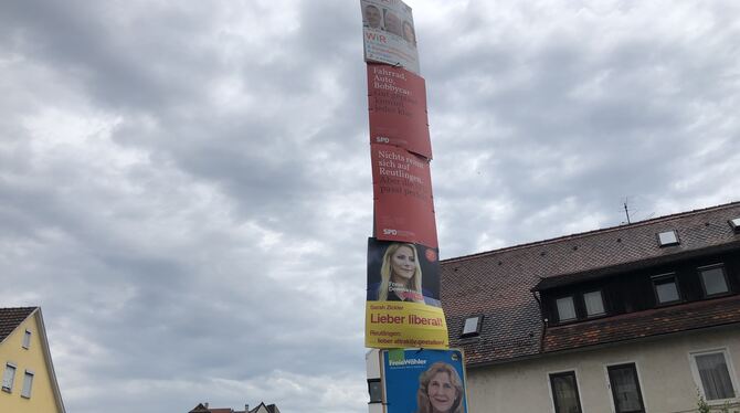 Wahlplakate von oben bis unten. Seit mehr als einem Monat hängen sie in Reutlingen, wie hier in der Albstraße