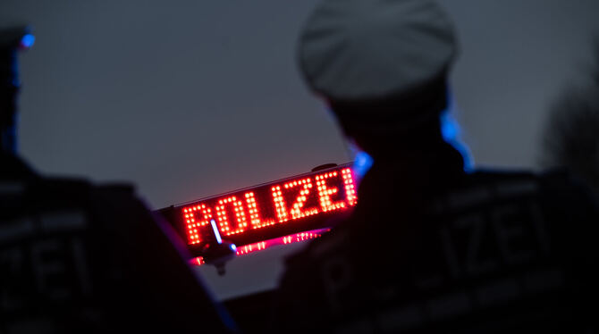 Zwei Polizisten stehen vor einem Polizeifahrzeug (Symbolbild).