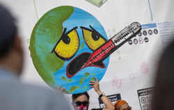 Bei einem Protest beim UN-Klimagipfel COP27 im November 2022 im ägyptischen Scharm El Scheich trägt ein Teilnehmer ein Plakat, d