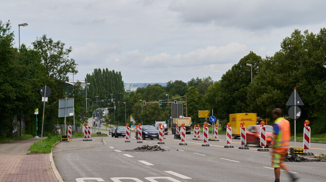 Wird wohl bis Anfang September nur jeweils einspurig befahrbar sein: die Rommelsbacher Straße.